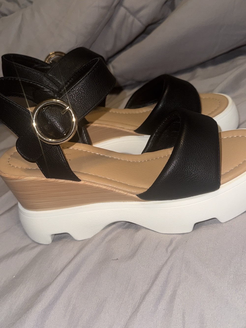 Women’s Black Wedge Sandals with White Platform - Picture 2 of 2